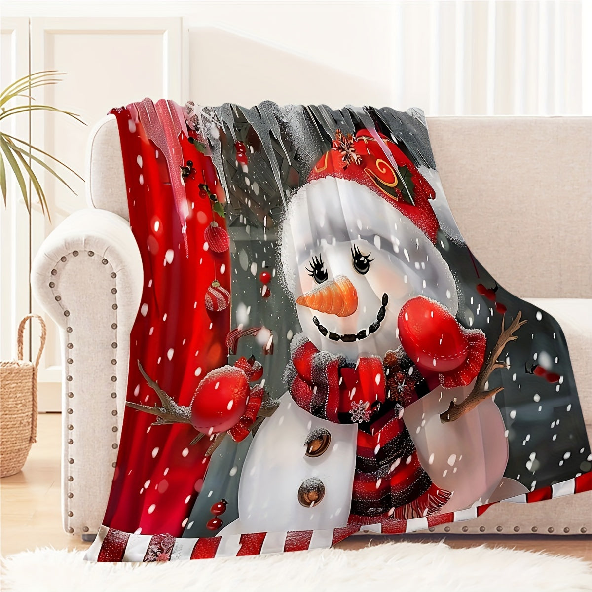 1pc Snowman and Red Ball Christmas Themed Red Flannel Large Blanket, Winter Decorative Design, Large Plush Throw Blanket, Suitable for Holiday Home Decor, Reading Time, and Home Naps