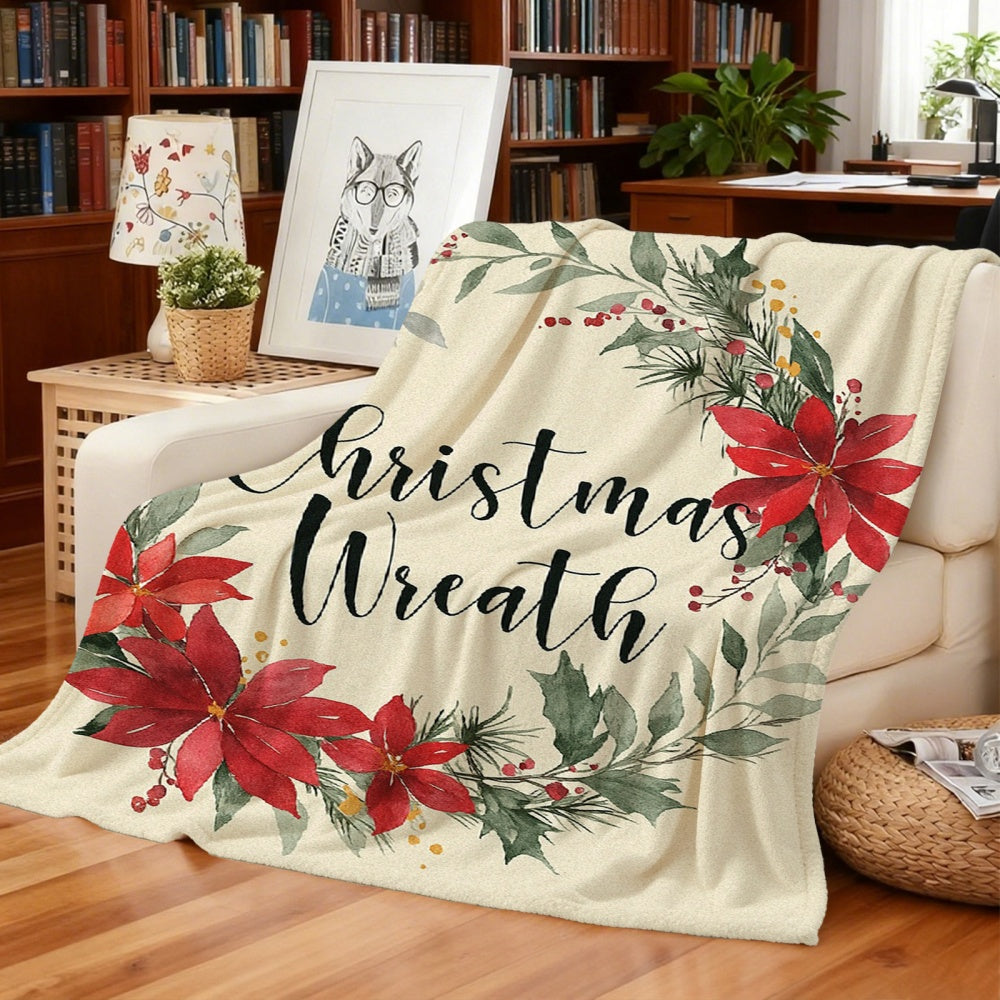 1pc Christmas Wreath Red Green Floral Theme Cream Beige Flannel Blanket, Christmas Winter Body Blanket, Soft Plush All-Season Use, Suitable for Office Nap, Dorm Life, And RV Travel