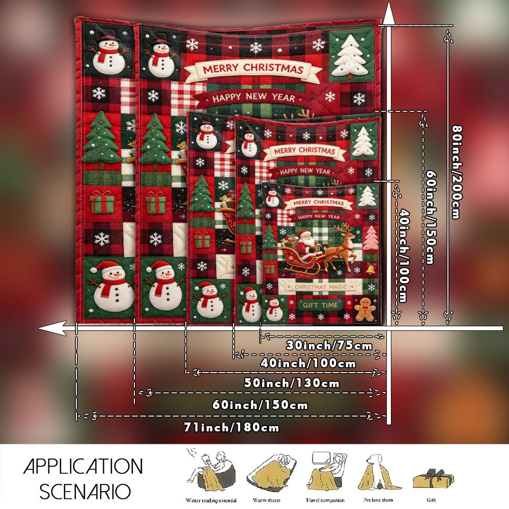 Flat/2D Digital Printing Flannel Blanket, Christmas And New Year Country Style Patchwork Pattern, Printed with Santa Claus, Reindeer Sleigh, Snowman, Gingerbread Man, Christmas Tree, Gift Box Bell Snowflake Elements, Soft