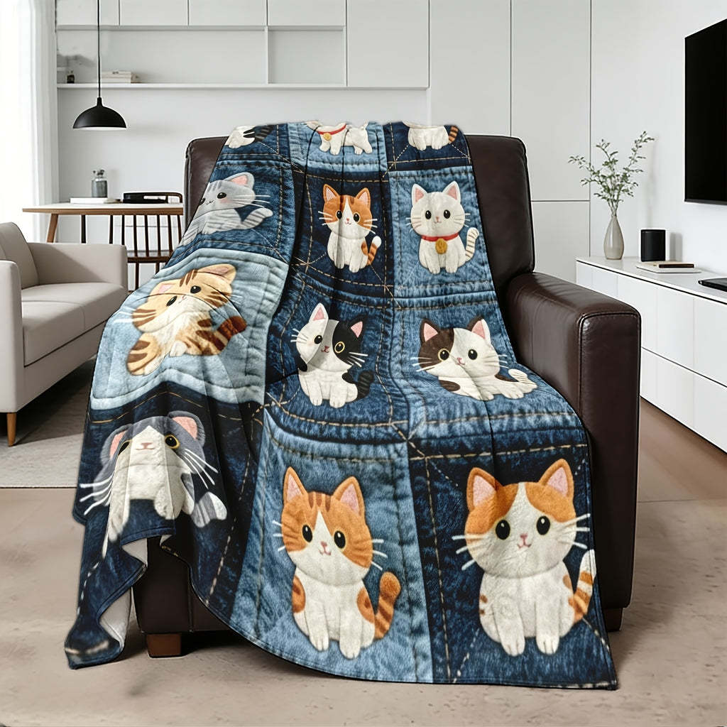 1pc Imitation Denim Patchwork Cute Cat Print, 2D Printed Ultra-Soft Flannel Blanket, Premium Plush Blanket, Lightweight Bed Blanket, Multi-Scene Use, Can Be Used as a Throw Blanket, Air Conditioning Blanket, Shawl Blanket, Travel Blanket, an Ideal