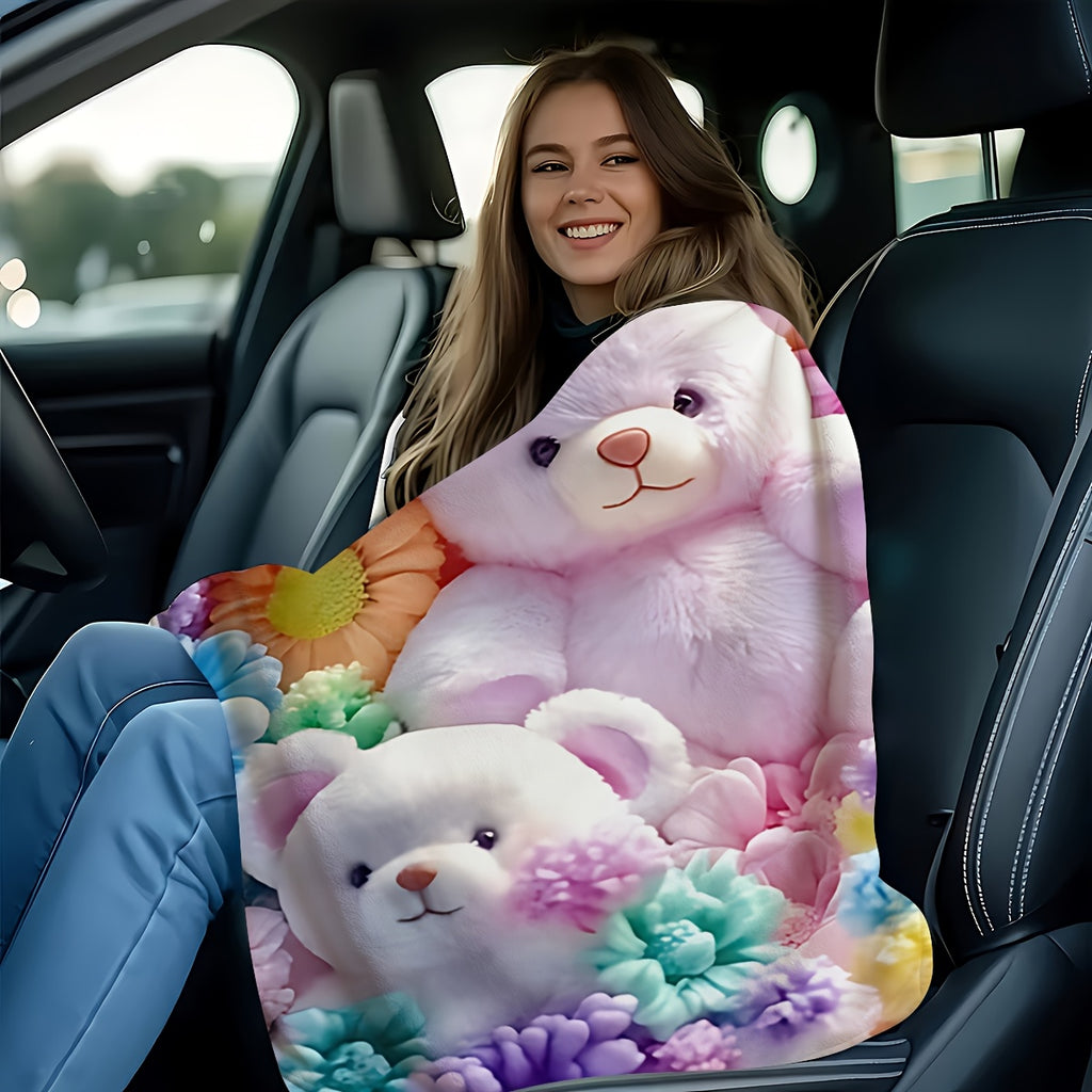 1pc 2D Flat Printing, Cute Teddy Bear And Colorful Flowers Blanket, Soft Fleece Blanket - Pink And Rainbow Design, Multiple Sizes Available, Suitable for Bedroom, Living Room, Sofa, And Casual Reading