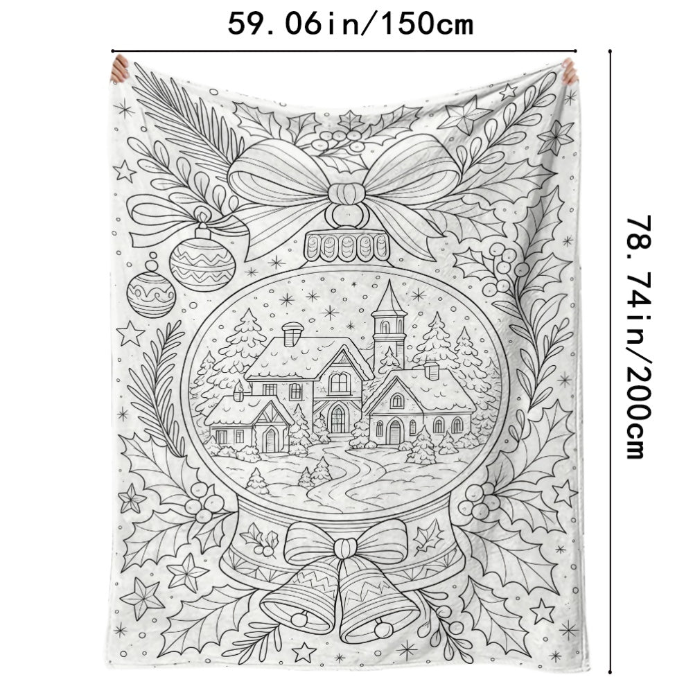 Colored And Decompressed Hand-Painted Wind Blanket - Christmas Crystal Ball Snow Flannel Blanket, Center Crystal Ball Is a Winter Village Hut, with Bows, Bells, Holly Leaves, And Christmas Balls