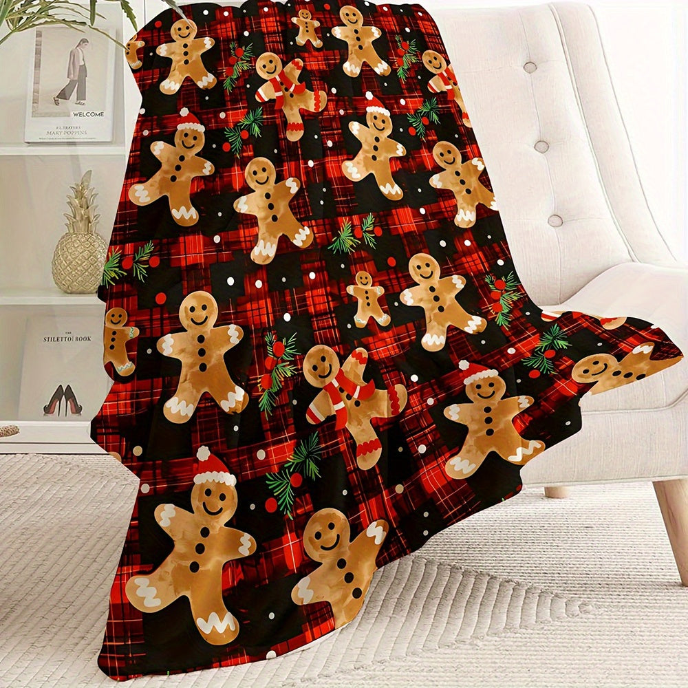 1pc Plaid Christmas Blanket, Gingerbread Man Pattern, Ideal for Sofa, Office Bed, Camping, And a Cozy Gift for Any Season