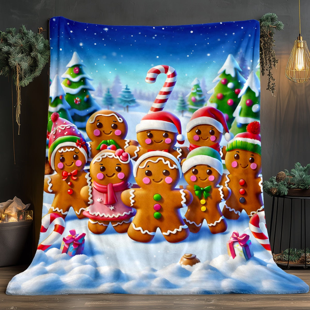 1pc Gingerbread for Man and Christmas Tree Blue Themed Flannel Large Blanket, Winter Holiday Decorative Design, Oversized Plush Throw Blanket, Suitable for Dorm Life, Home Naps, and Weekend Sofa Lounging