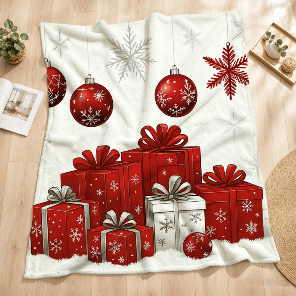 1pc Christmas Gift Box with Snowflake and Red Ball Design Flannel Blanket, Cream White Base for Holiday Decoration, Soft Plush Surface Suitable for All Seasons, Ideal for Holiday Home Decor, Reading Time, and Bed End Soft Furnishing Accents