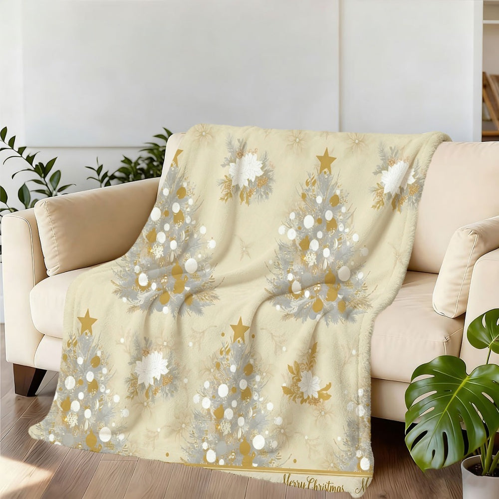 1pc Flannel Blanket with Christmas Tree and Floral Pattern, Embellished with Golden Stars, Soft, Comfortable, and Warm. Beige and Golden Design, All-season Universal Throw, Warm Lap Blanket. Available in Multiple Sizes. Suitable for Living Room
