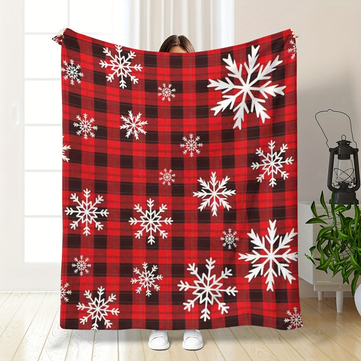 1pc Red and Black Plaid Snowflake Pattern Blanket, Snowflake Print Design, Full-body Throw Blanket, Soft Flannel Plush Surface, Lightweight and Durable, Multiple Sizes Available, Suitable for Christmas Decoration, Living Room Leisure, Bedroom Warmth