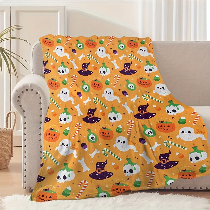 1pc Halloween Pumpkin Pattern Orange Flannel Blanket, Soft, Comfortable, and Warm, Cartoon Design, Durable Plush Surface, All-Season Bed Blanket, Warm Throw Blanket, Multiple Sizes Available, Suitable for Living Room, Bedroom, Sofa