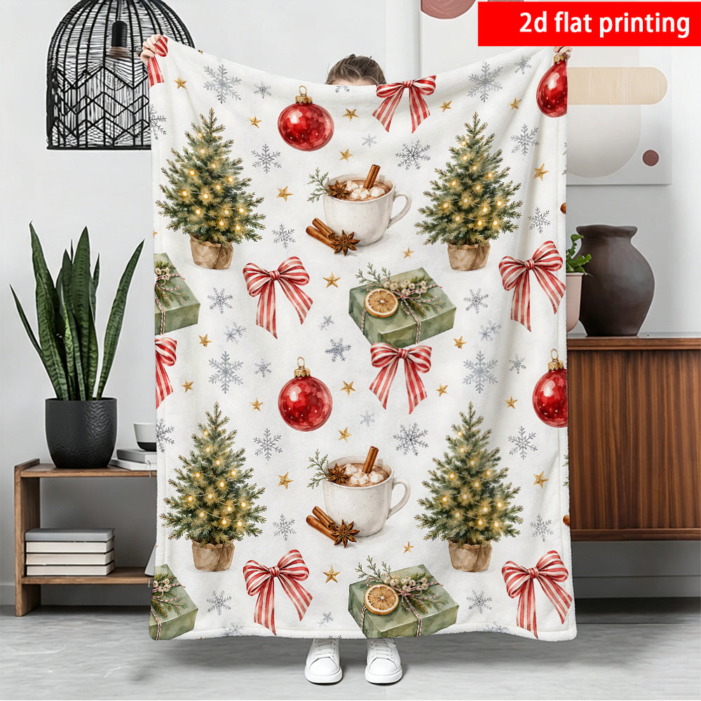 2D Flat Printing, 1pc, Easy Healing White Background Fresh Watercolor Christmas Tree Bow Flannel Blanket, Universal for All Seasons, Suitable for Office, Family, Outdoor Camping, Travel, Single-Sided Printing, Warm Home Decoration