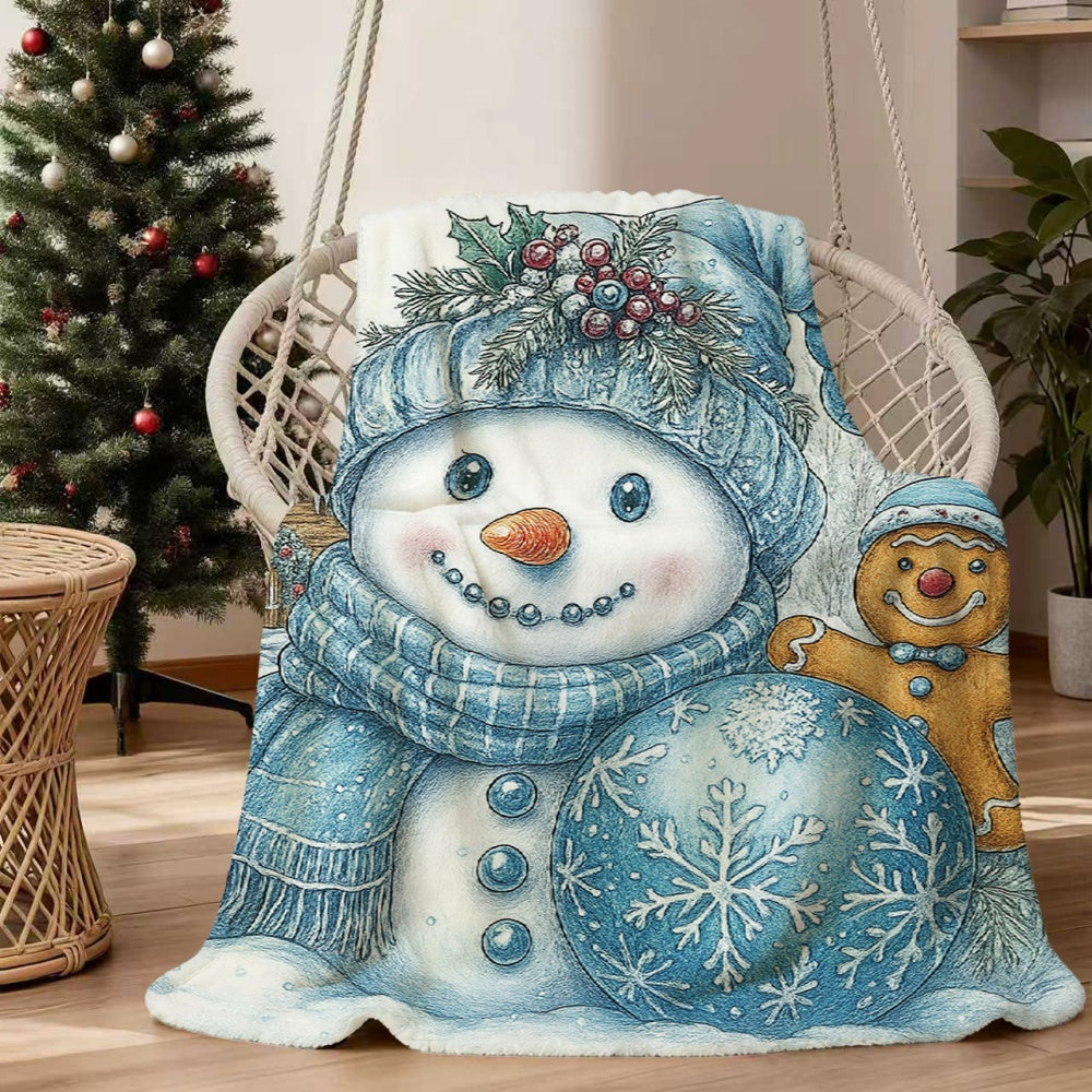 1pc, 2D Flat Snowman and Gingerbread for Man Pattern Flannel Blanket, Soft, Comfortable, and Warm, Blue and White Christmas-themed Design, Durable Plush Surface, Suitable for All Seasons, a Cozy Throw Blanket, Suitable for Weekend Naps on the Sofa