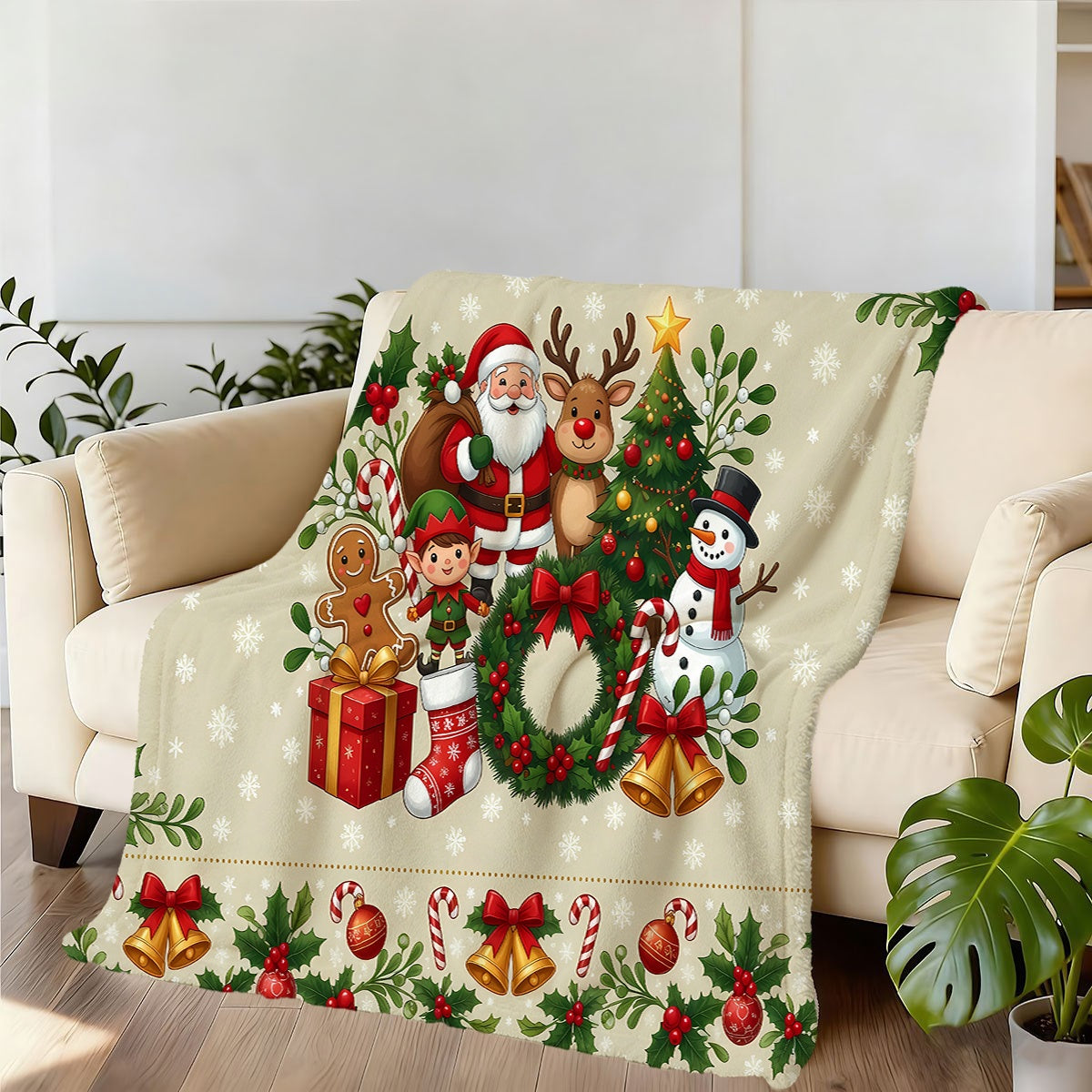 1pc, Santa Claus And Reindeer Christmas Tree Theme Flannel Blanket, Soft Comfortable Warm, Beige Design, Durable Plush, All-Season Sofa Blanket, Warm Cover, Multiple Sizes Available, Suitable for Living Room Sofa, Bedroom, Reading Corner