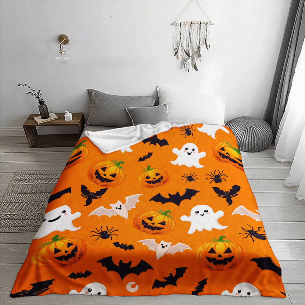 Halloween Ghost And Pumpkin Matching Orange Bat And Spider Pattern Blanket, Soft Comfortable Multi-Purpose Blanket, Home Decor And Holiday Gift