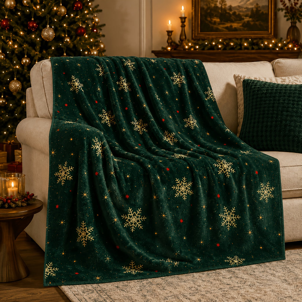 Blanket, Dark Green Winter Night Star Snow Christmas Blanket, Milk White Snowflake Golden Star Dot Pattern Soft Blanket, Living Room Sofa Bedroom Autumn And Winter Warm Home Decoration Blanket