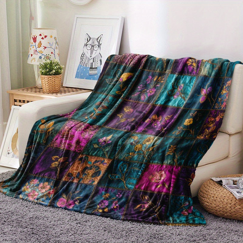 1pc Retro Floral Patchwork Printed Blanket, Ethnic Style Throw, Ultra-Warm And Soft, Flannel Blanket, Multi-Size Available, Suitable for Living Room, Bedroom, Sofa, Bedside