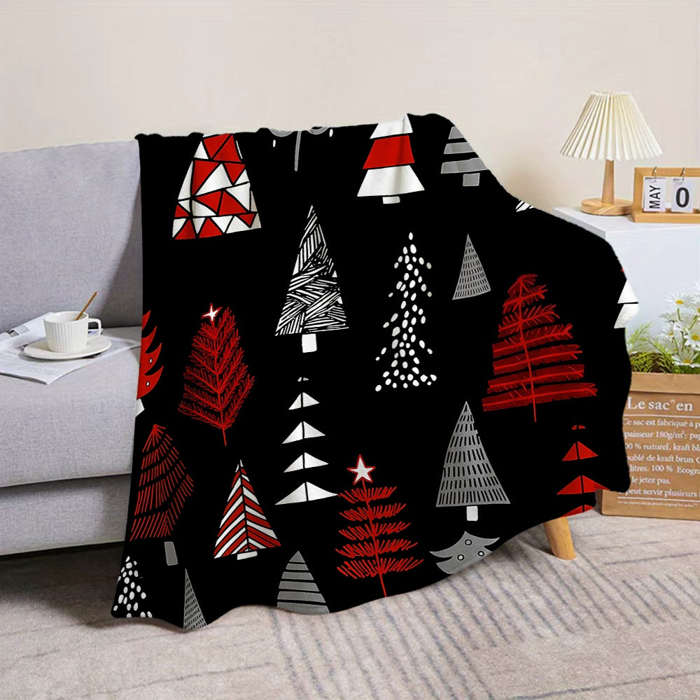1pc Christmas Geometric Pattern Black Flannel Blanket, Soft, Comfortable, and Warm, Red, White, and Black Design, All-Season Sofa Blanket, Warm Throw Blanket, Multiple Sizes Available, Suitable for Living Room Sofas, Bedroom, Leisure Reading