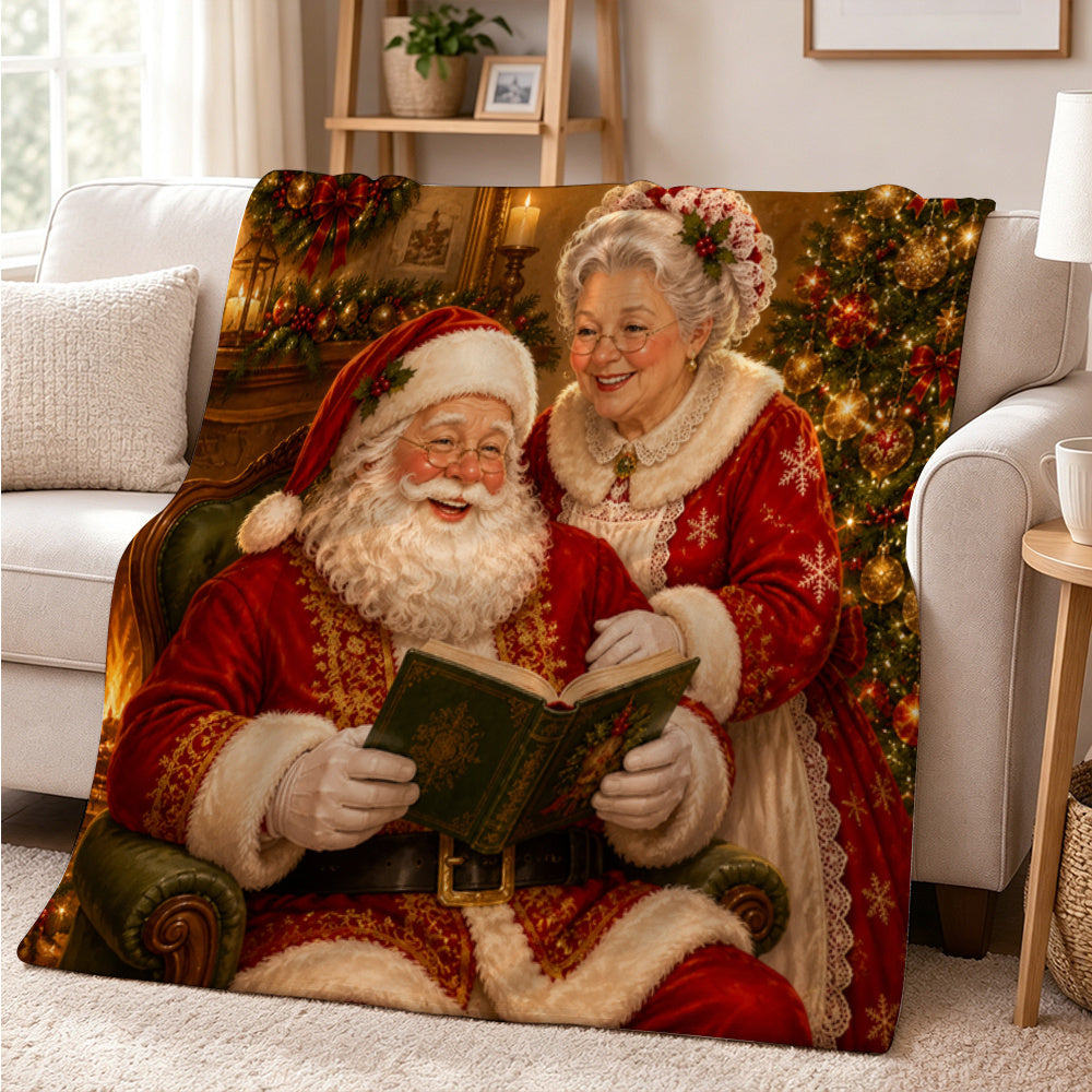 1pc Christmas Fleece Blanket, Comfortable Santa And Mrs. Claus Design, Soft And Cozy Sofa Nap Blanket, Perfect for Home Decor, Camping, Gifts, Pet Blanket 59X78.7 Inches