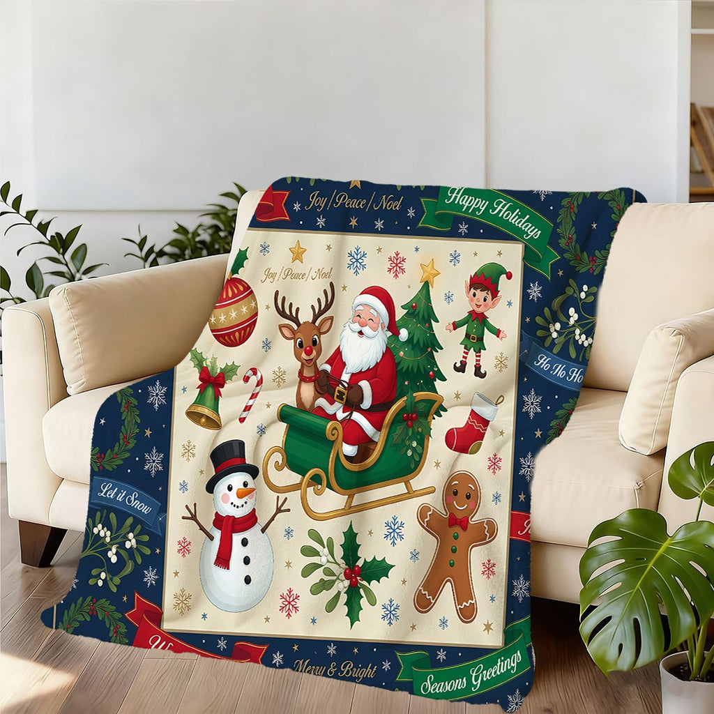1pc, Santa Sleigh And Gingerbread Man Pattern Christmas-Themed Flannel Blanket, Soft Comfortable Warm, Deep Blue And Beige Design, Durable Plush, All-Season Sofa Blanket, Warm Cover, Multiple Sizes Available, Suitable for Living Room Sofa