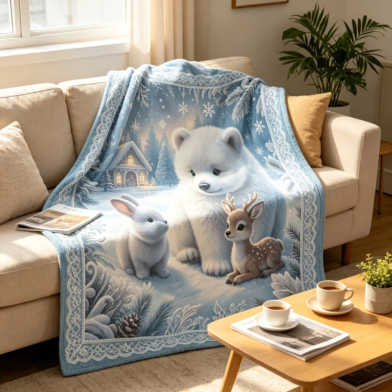 Winter Snow Scene, Polar Bear, Rabbit, Deer Print Fluorescent Flannel Blanket, Bedroom Living Room Sofa Blanket, Fluorescent Blanket, Machine Washable in All Seasons, Christmas, Halloween, Independence Day, Thanksgiving Gift Recommendation