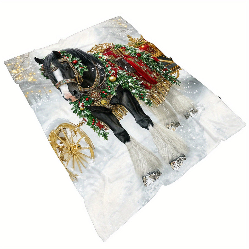 1pc Christmas Holiday Horse Print Blanket, Festive Atmosphere Throw Blanket, Super Warm Soft and Cozy Flannel Blanket, Multiple Sizes Available, Suitable for Living Room Sofa, Bedroom, Study Reading, Balcony Leisure