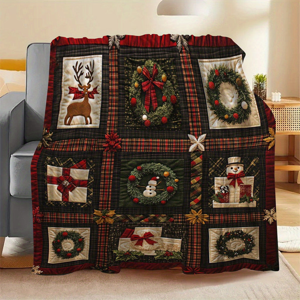Vintage Red Snowman, Reindeer, Garland, Gift Patchwork Pattern Blanket for Family And Friends, High-Quality Polyester Machine Washable, Multifunctional Comfortable Sofa And Single Bed