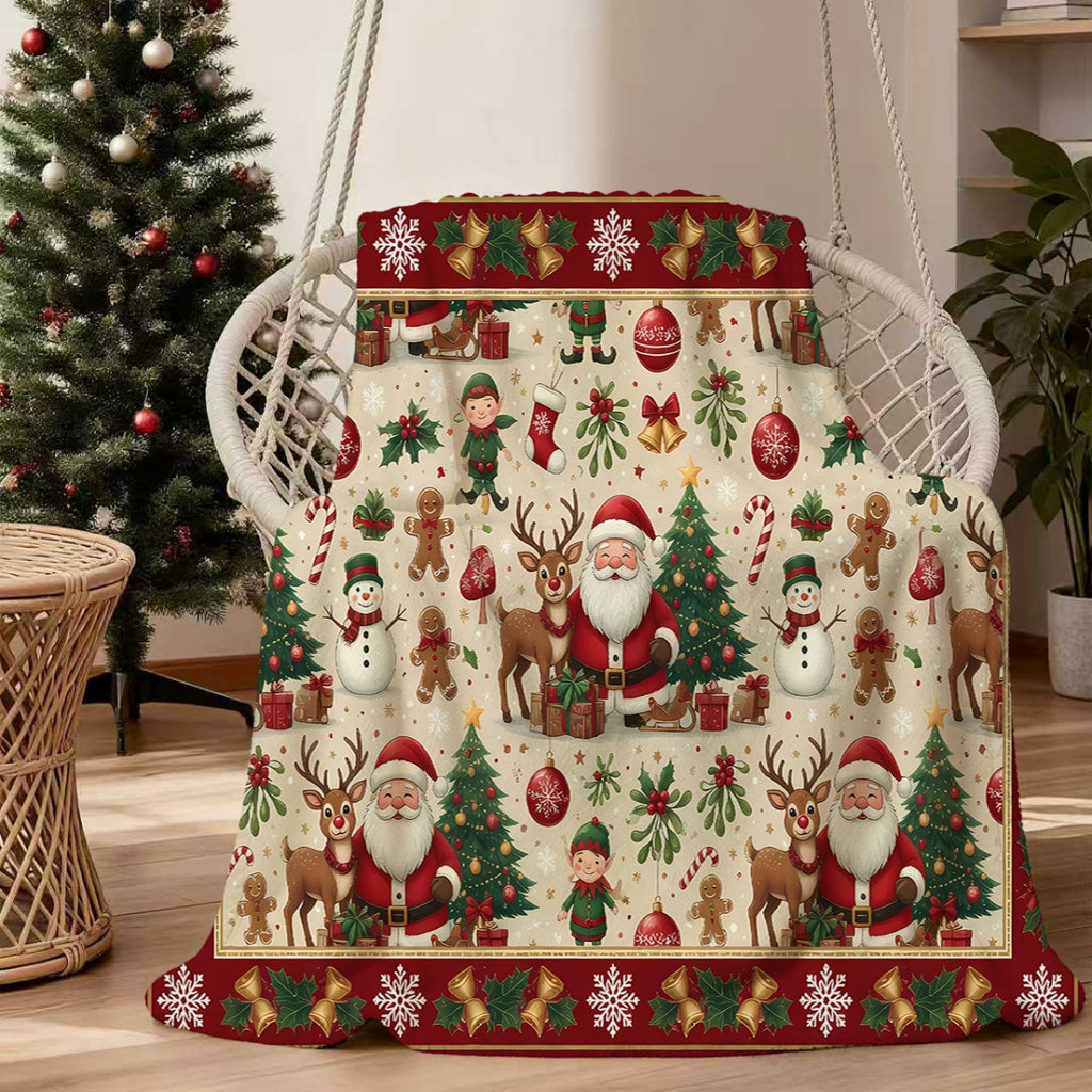 1pc, Santa Claus and Reindeer Pattern Red Themed Flannel Blanket, Soft, Comfortable, and Warm, Classic Holiday Design, Durable Plush Surface, All-Season Universal Sofa Blanket, Warm Cover Blanket, Multiple Sizes Available, Suitable for Living Room