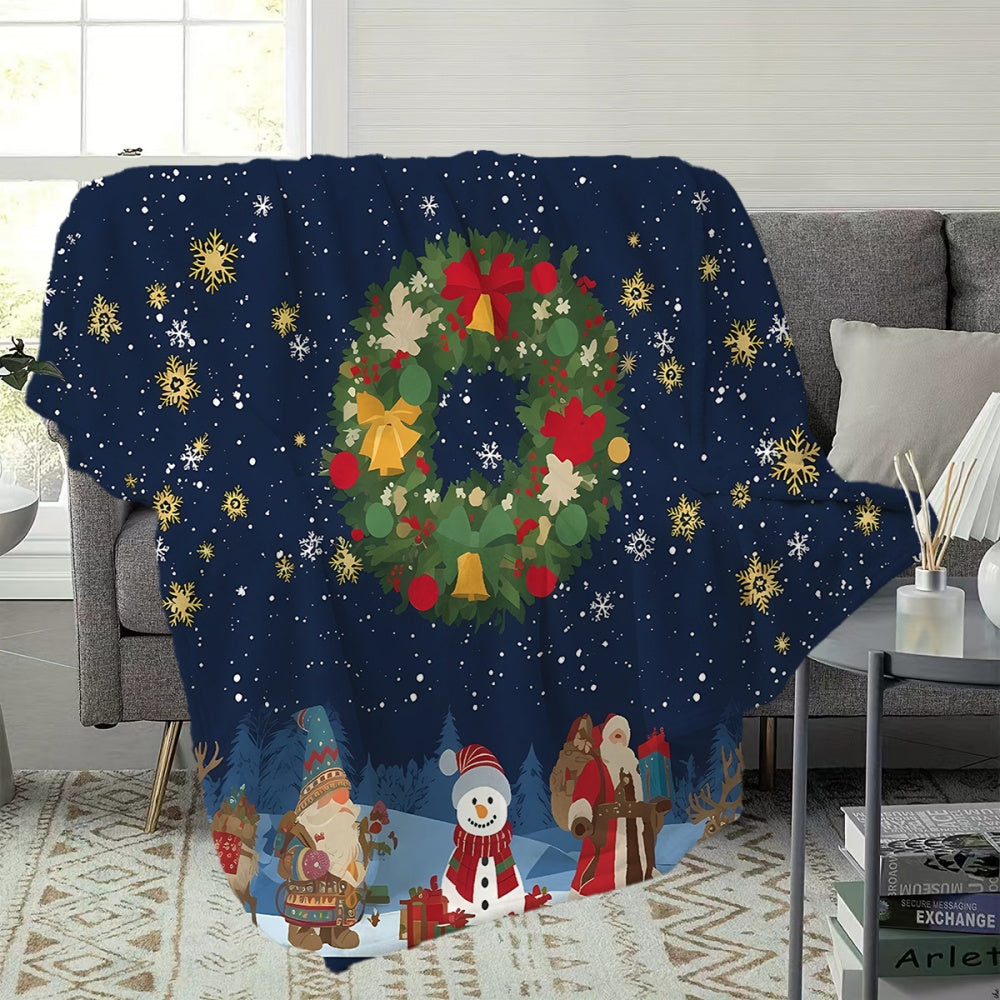 1 Christmas Wreath and Snowman Pattern Flannel Blanket, Soft, Comfortable, and Warm, with a Deep Blue Starry Sky Design. A Four-season Universal Sofa Throw, a Warm Lap Blanket, Available in Multiple Sizes. Suitable for Living Room Sofas