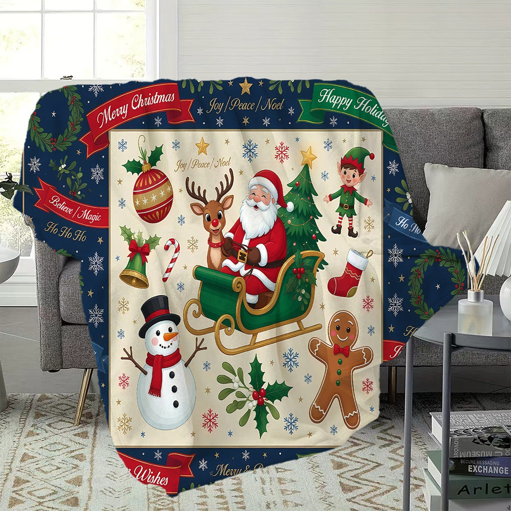 1pc, Santa Sleigh And Gingerbread Man Pattern Christmas-Themed Flannel Blanket, Soft Comfortable Warm, Deep Blue And Beige Design, Durable Plush, All-Season Sofa Blanket, Warm Cover, Multiple Sizes Available, Suitable for Living Room Sofa