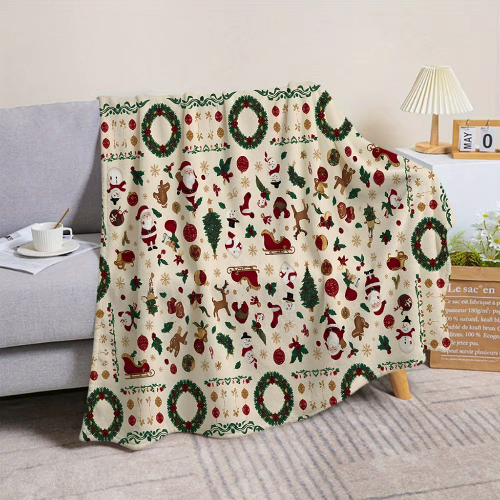 1pc, Christmas Theme Santa Claus And Snowman Pattern Flannel Blanket, Soft Comfortable Warm, Beige And Red Design, Durable Plush, All-Season Sofa Blanket, Warm Cover, Multiple Sizes Available, Suitable for Living Room Sofa, Bedroom