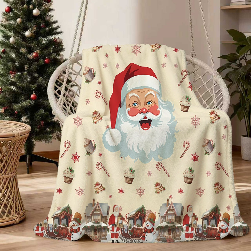 1pc Santa Claus and Candy Themed Flannel Blanket, Soft, Comfortable, and Warm, with a Creamy White Base and Festive Design. A Four-season Universal Blanket and Warm Throw Blanket, Available in Multiple Sizes. Suitable for Living Room Sofas