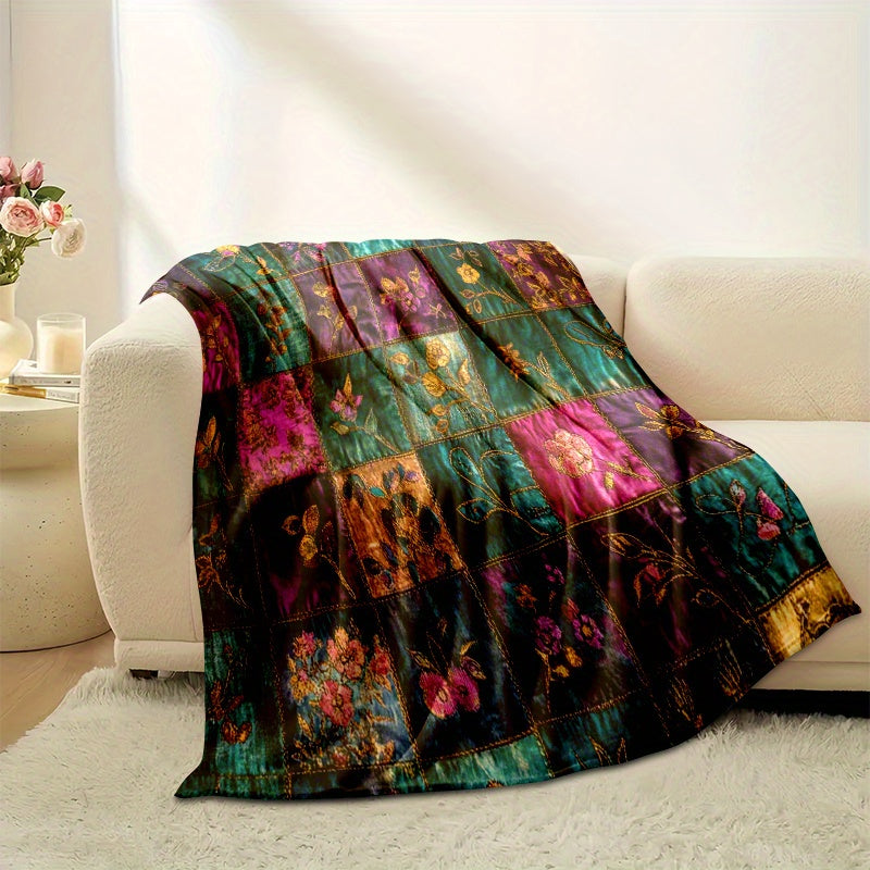 1pc Retro Floral Patchwork Printed Blanket, Ethnic Style Throw, Ultra-Warm And Soft, Flannel Blanket, Multi-Size Available, Suitable for Living Room, Bedroom, Sofa, Bedside