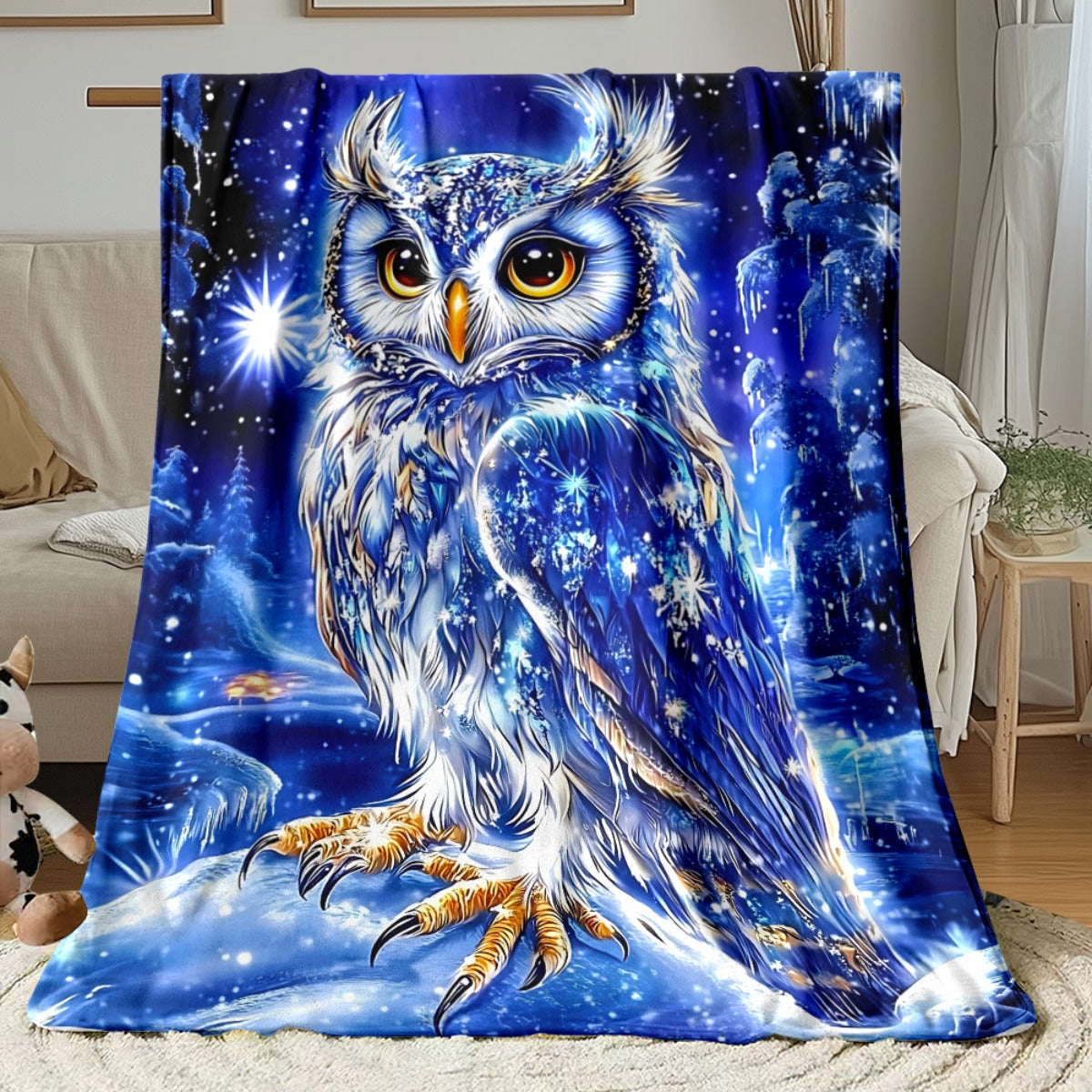 1pc 2D Flat-printed Blue Starry Night Snowy Owl Blanket, Soft Flannel Throw—dark Blue and White Design, Multiple Sizes Available. Suitable for Living Room Sofas, Bedroom, Reading Nooks, Leisure Time, and Holiday Decoration, 2D Flat