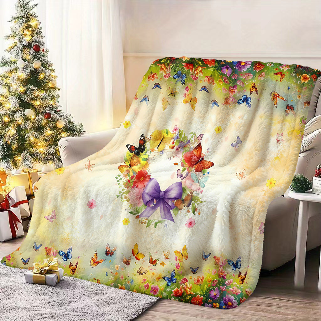 1pc Floral Butterfly Patterned Blanket, Pastoral Style Design, Soft Plush Surface, Flannel Material Lightweight And Durable, Multiple Sizes Available, Ideal for Holiday Gatherings, Living Room Leisure, Bedroom Sleep, Study Reading