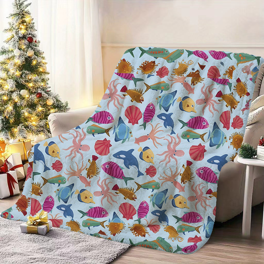 1pc Marine Life Patterned Blanket, Cartoon Style Design, Soft Plush Surface, Flannel Material Lightweight And Durable, Multiple Sizes Available, Ideal for Holiday Gatherings, Living Room Leisure, Bedroom Sleep, Study Reading, Seasonal Home Decor