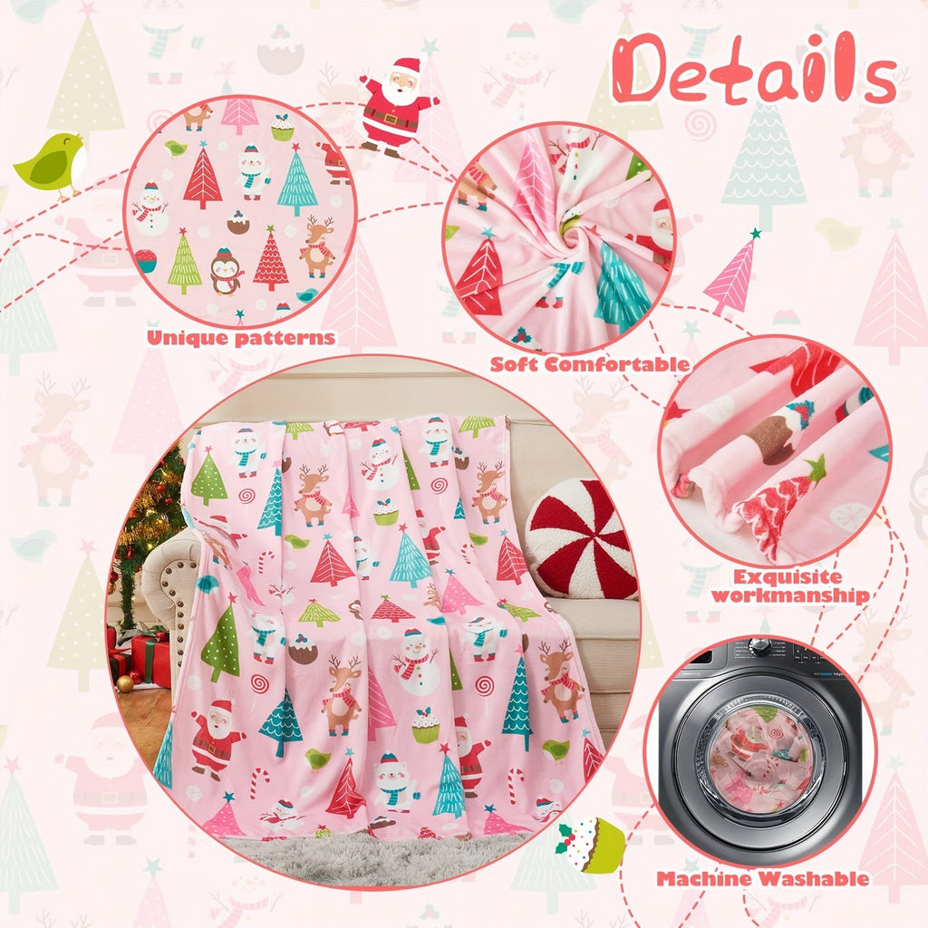 1pc, Santa Claus and Snowman Pattern Pink Flannel Blanket, Soft, Comfortable, and Warm, Cute Cartoon Design, Durable Plush Surface, All-Season Universal Sofa Blanket, Warm Throw Blanket, Suitable for Living Room, Bedroom, Sofa, Balcony, and Reading