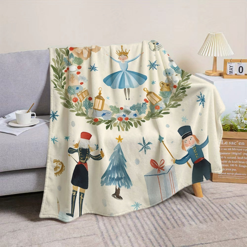 Christmas Ballet and Soldier Themed Flannel Blanket, Soft, Comfortable, and Warm, Cream-colored Design, Durable Plush Surface, All-season Universal Sofa Throw, Warm Lap Blanket, Multiple Sizes Available, Suitable for Living Room Sofas, Bedroom