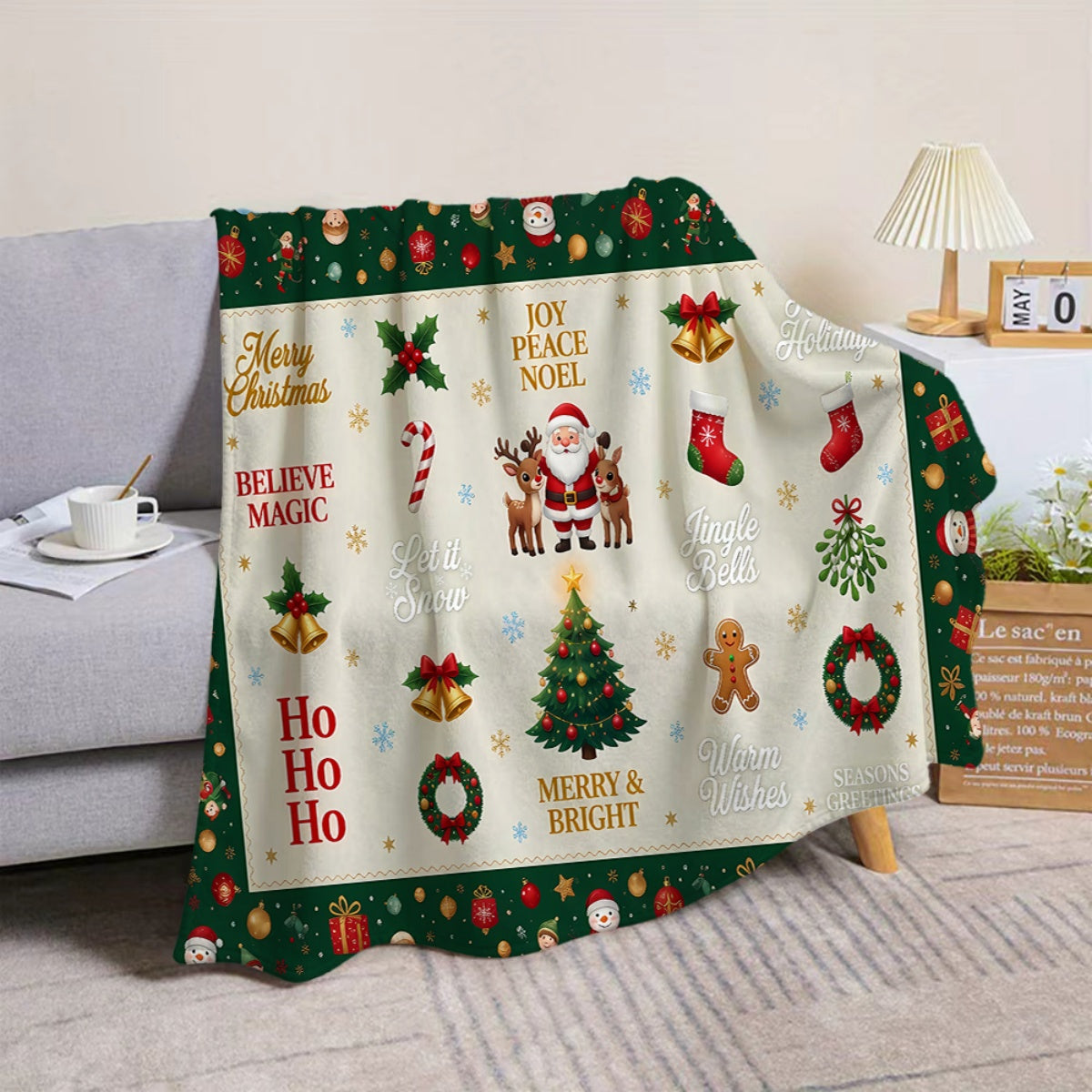 1pc, Santa Claus and Reindeer Pattern Christmas Themed Flannel Blanket, Soft, Comfortable, and Warm, Green and Beige Design, Durable Plush Surface, All-Season Universal Sofa Blanket, Warm Throw Blanket, Multiple Sizes Available, Suitable for Living