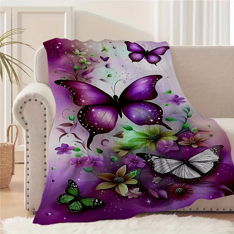 1pc 2D Flat Printing Purple Butterfly Floral Blanket, Soft Fleece Blanket - Dreamy Starry Design, Multi-Size Available, Suitable for Living Room, Bedroom, Sofa, And Casual Reading