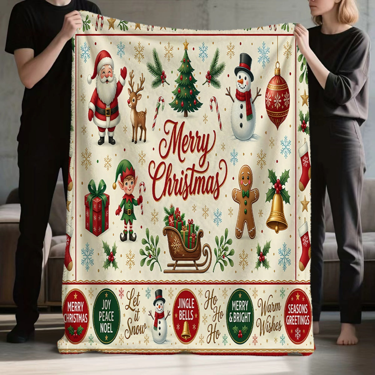 1pc, Santa Claus and Snowman Pattern Christmas Themed Flannel Blanket, Soft, Comfortable, and Warm, Base with Holiday Design, Durable Plush Surface, All-Season Universal Sofa Blanket, Warm Cover Blanket, Multiple Sizes Available, Suitable for Living