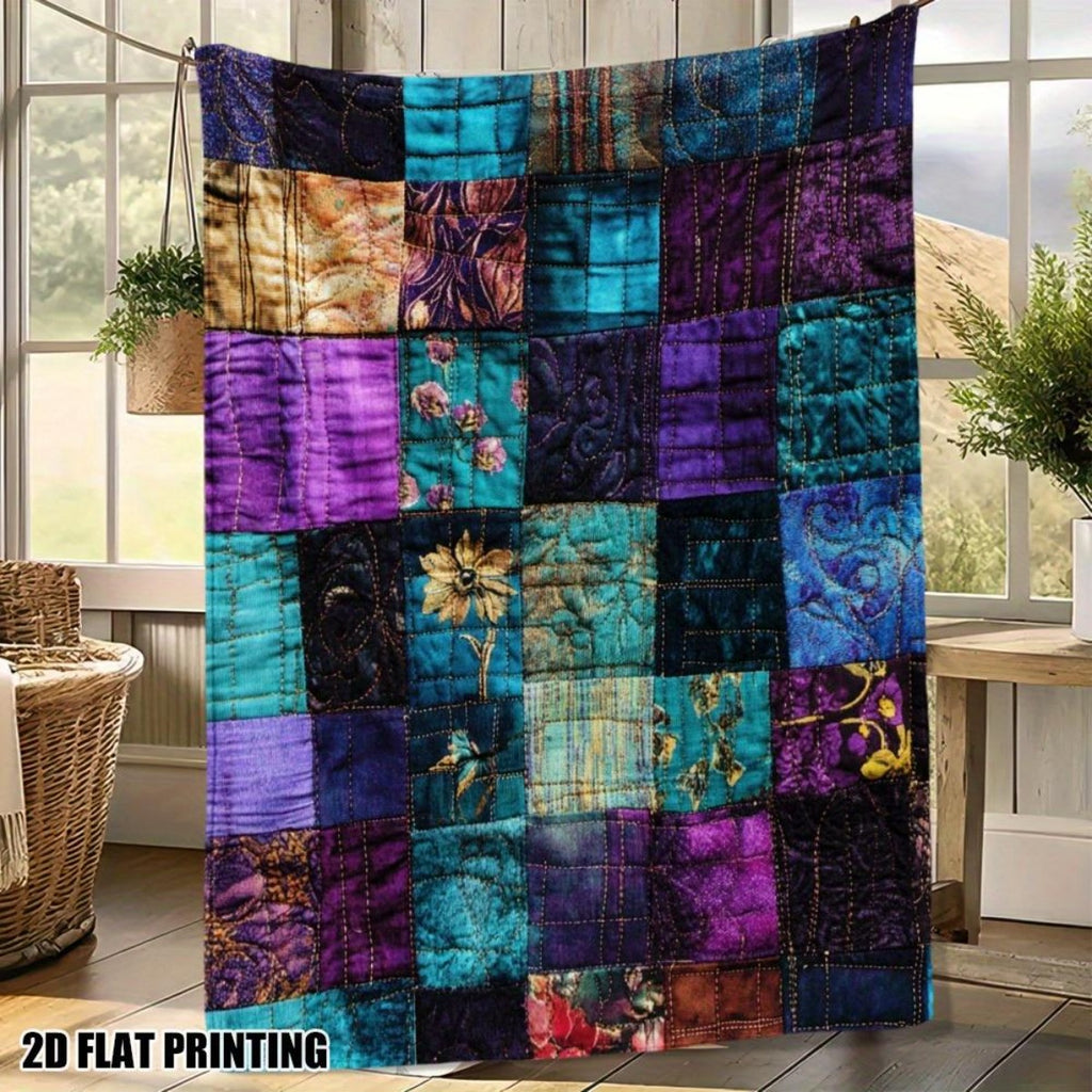 Retro Purple and Blue Patchwork Floral Pattern Theme Digital Printing Flannel Blanket - 100% Fiber, Suitable for Light and Warm Adaptation in All Seasons, Shop