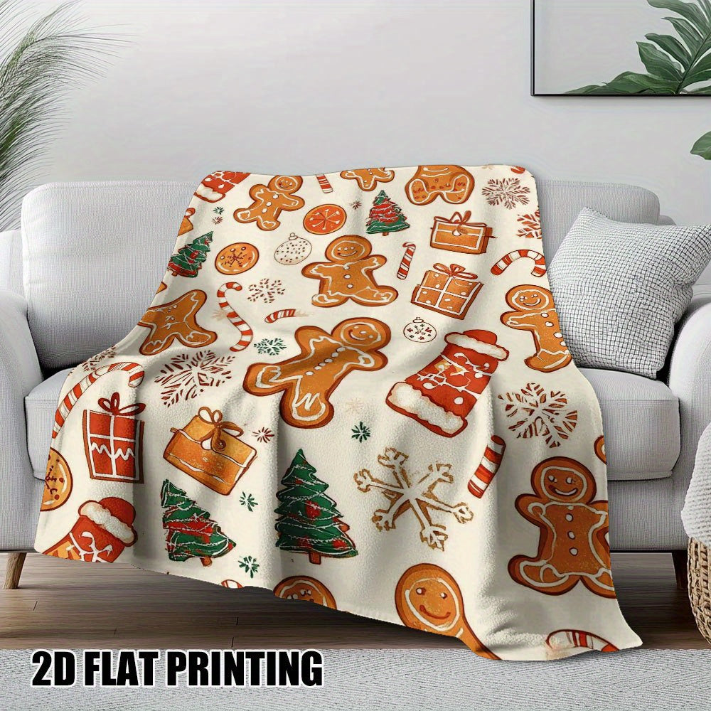 1pc Gingerbread Man And Christmas Candy Theme Beige Flannel Oversized Blanket, Winter Holiday Decor Design, Large Plush Throw Blanket, Suitable for Weekend Sofa Naps, Dorm Life, Festive Home Decoration