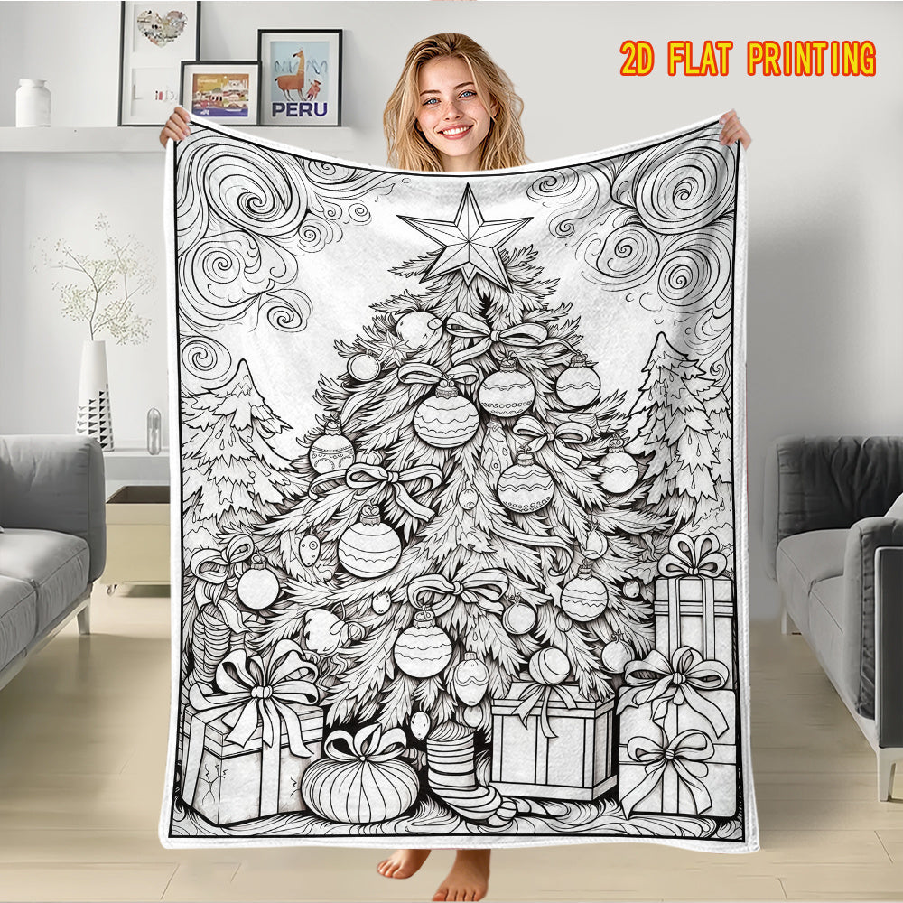 A Color-Filled And Decompressed Hand-Painted Wind Blanket - Christmas Tree Gift Flannel Blanket, The Christmas Tree Covered with Colored Ball Bows Is in The Center of The Picture, Gift Boxes And Christmas Socks Are Placed Under The Tree