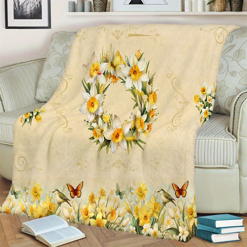 1pc Floral Butterfly Patterned Blanket, Pastoral Style Design, Soft Plush Surface, Flannel Material Lightweight And Durable, Multiple Sizes Available, Ideal for Holiday Decor, Living Room Leisure, Bedroom Warmth, Study Reading, Seasonal Home Decor
