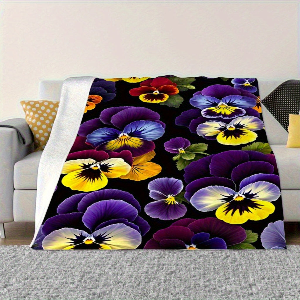 Soft and Warm Flannel Blanket - Bright Three-color Pansy Pattern on a Black Background, Suitable for Sofas, Pavements and Travel Camping Shawls in All Seasons, Machine Washable Modern Home Decoration Gifts, Sofa Covers, Decorative Gifts