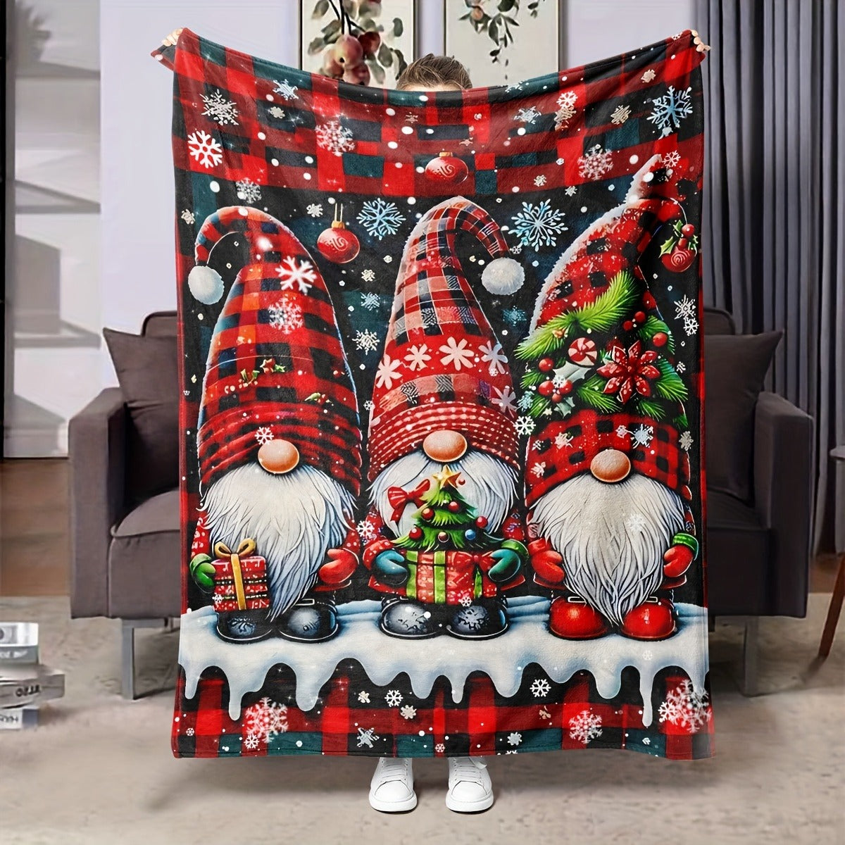 1 Comfortable Christmas Gnome Pattern Blanket - Red Plaid and Snowflake Design, Soft Polyester Fiber, Suitable for Sofas, Sleeping, Travel and Camping in All Seasons