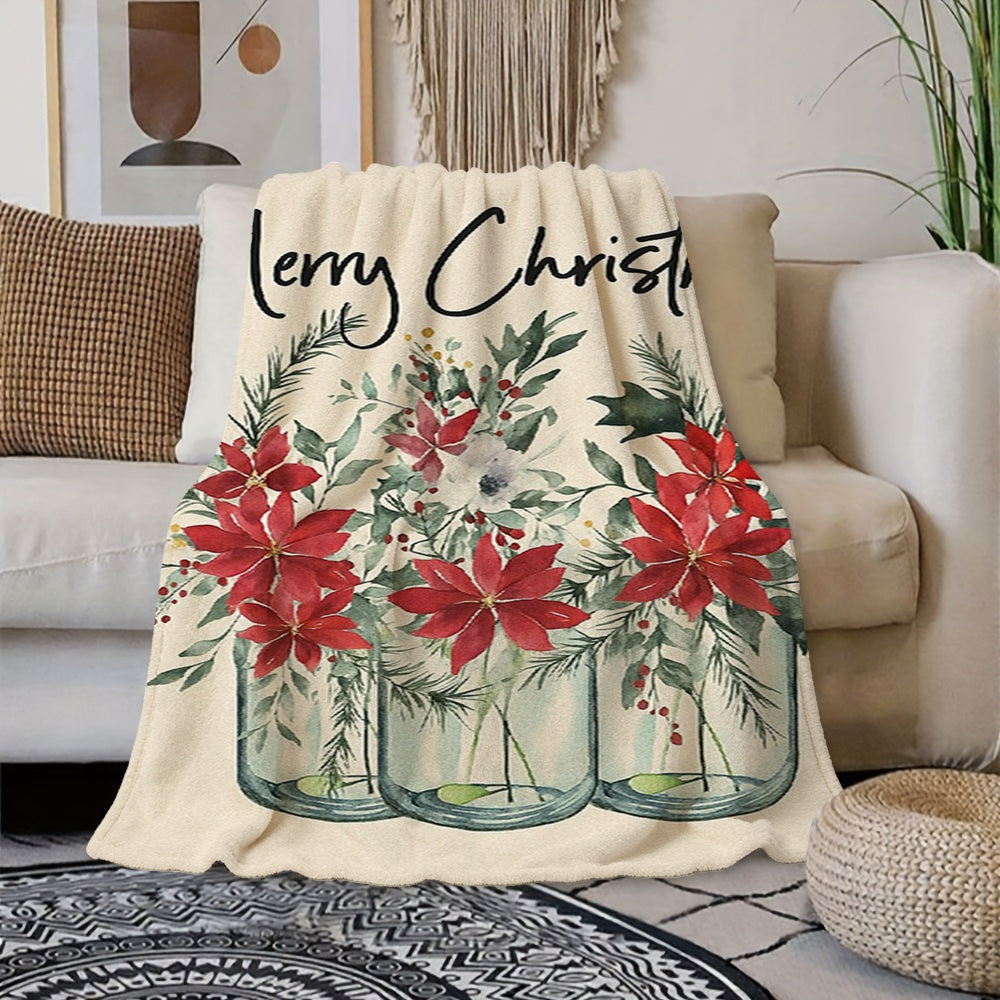 1pc Christmas Red Green Floral And "Christmas" Letter Cream Beige Flannel Blanket, Soft Plush All-Season Use, Suitable for Living Room Sofa Cover, Weekend Nap, And RV Travel