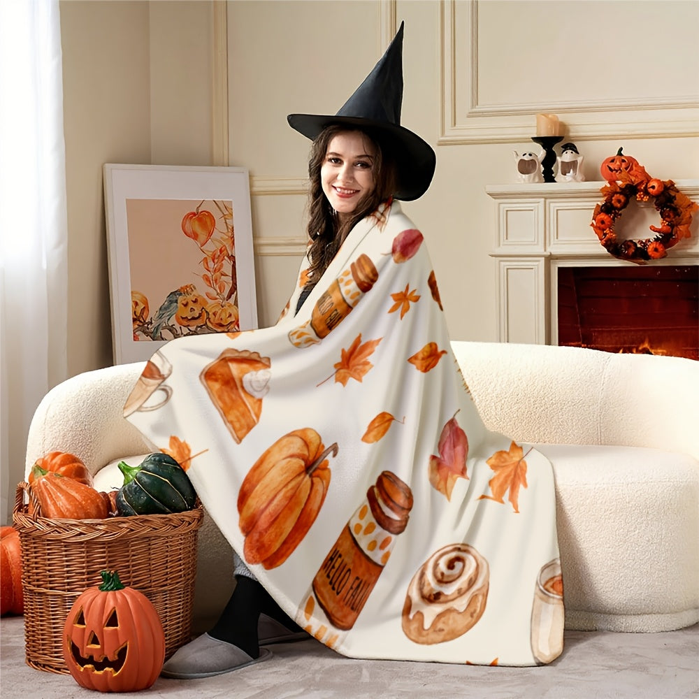 280Gsm 2D Printed1pcs Autumn Pumpkin and Maple Leaf Pattern Soft and Comfortable, Blanket Thanksgiving Christmas Halloween Holiday Gift Blanket Hallowean Daka Herbstdeko Soft and Comfortable Shawl