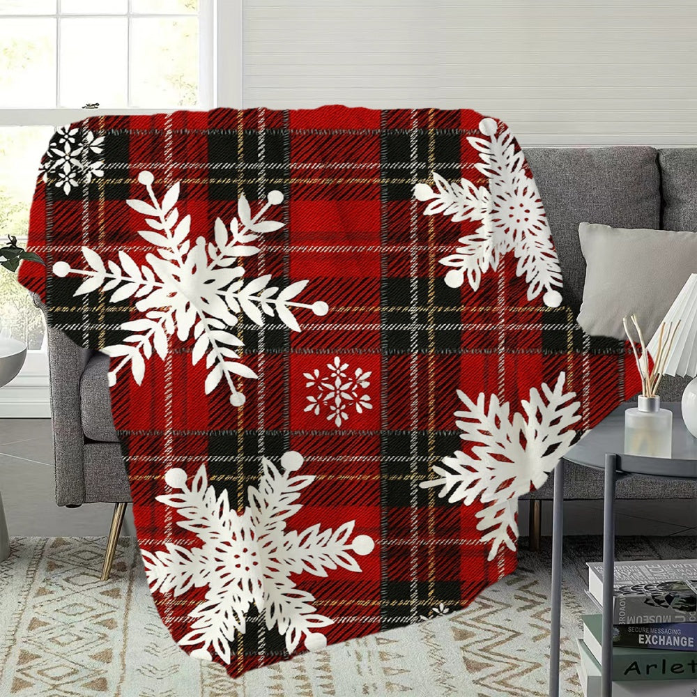 1pc, 2D Flat Red Plaid And White Snowflake Theme Flannel Blanket, Soft Comfortable Warm, Red Black Holiday Design, Durable Plush Surface, All Seasons, Warm Cover, Suitable for Living Room Sofa Cover, Reading Time, Weekend Sofa Nap