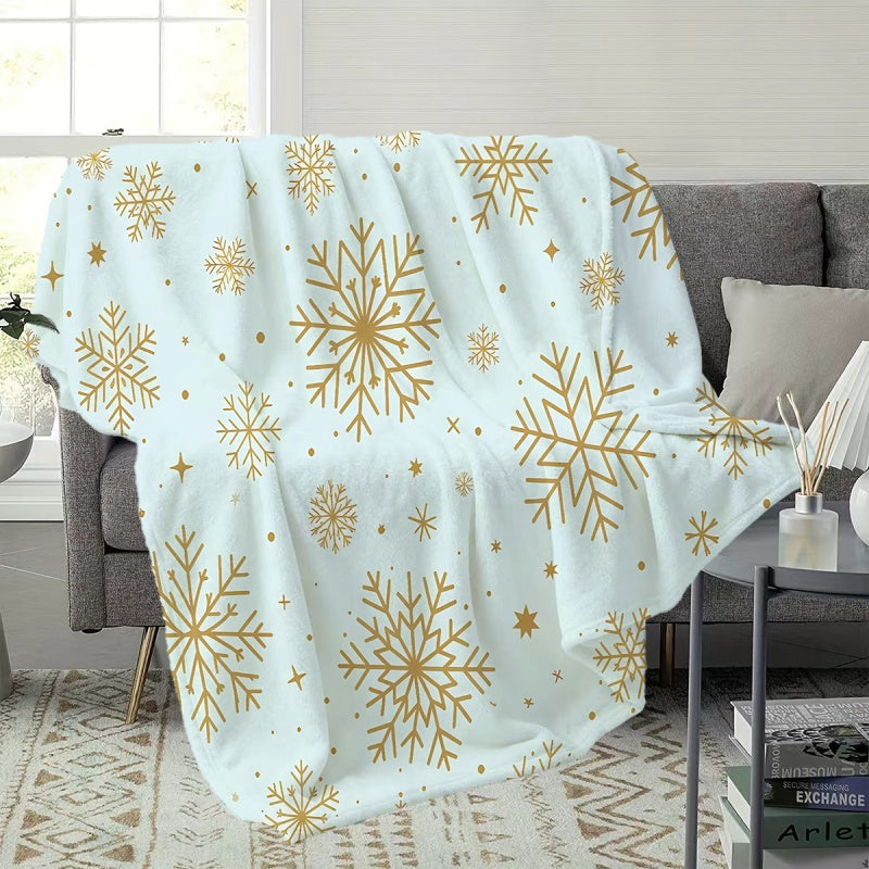 1pc 2D Flat-printed Golden Snowflake and Star Pattern Flannel Blanket—soft Flannel Throw with Light Blue and Golden Design, Available in Multiple Sizes. Suitable for Living Rooms, Bedrooms, Sofas, and Leisure Reading, 2D Flat
