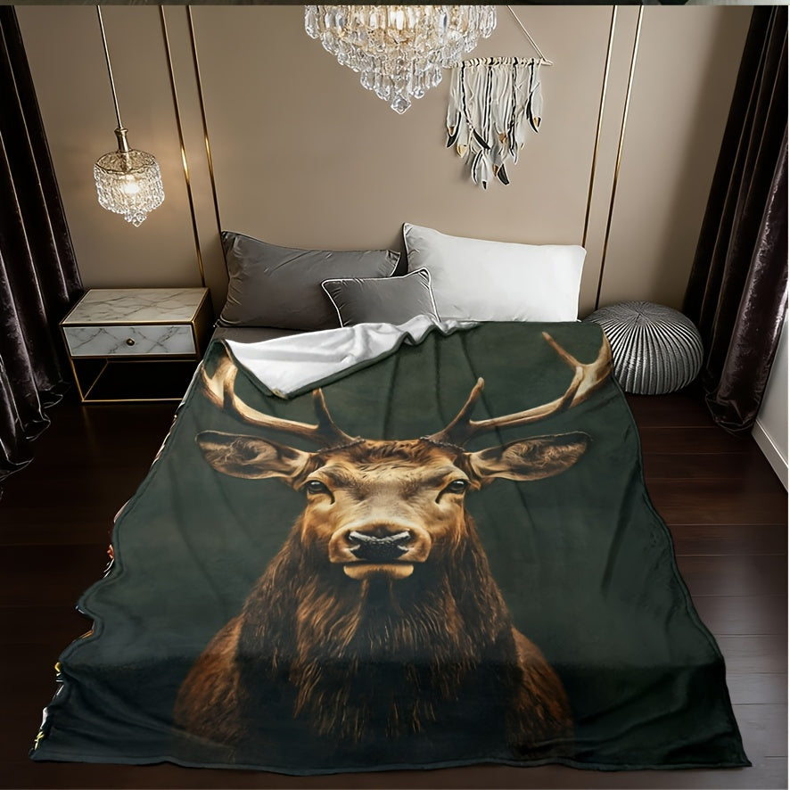 1pc, Elk Head Pattern Flannel Blanket, Soft, Comfortable, and Warm, Dark Green Vintage Design, Durable Plush Surface, All-Season Bed Blanket, Warm Throw Blanket, Multiple Sizes Available, Suitable for Bedroom, Living Room, Sofa, Reading Area