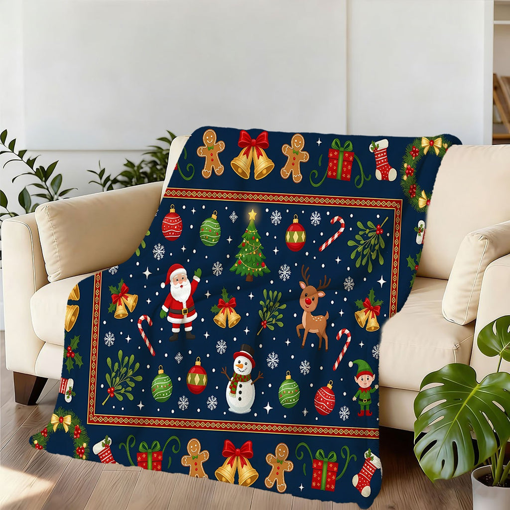 1pc, Santa Claus and Reindeer Pattern Dark Blue Flannel Blanket, Soft, Comfortable, and Warm, Festive Design, Durable Plush Surface, All-Season Universal Sofa Blanket, Warm Cover Blanket, Multiple Sizes Available, Suitable for Living Room Sofas